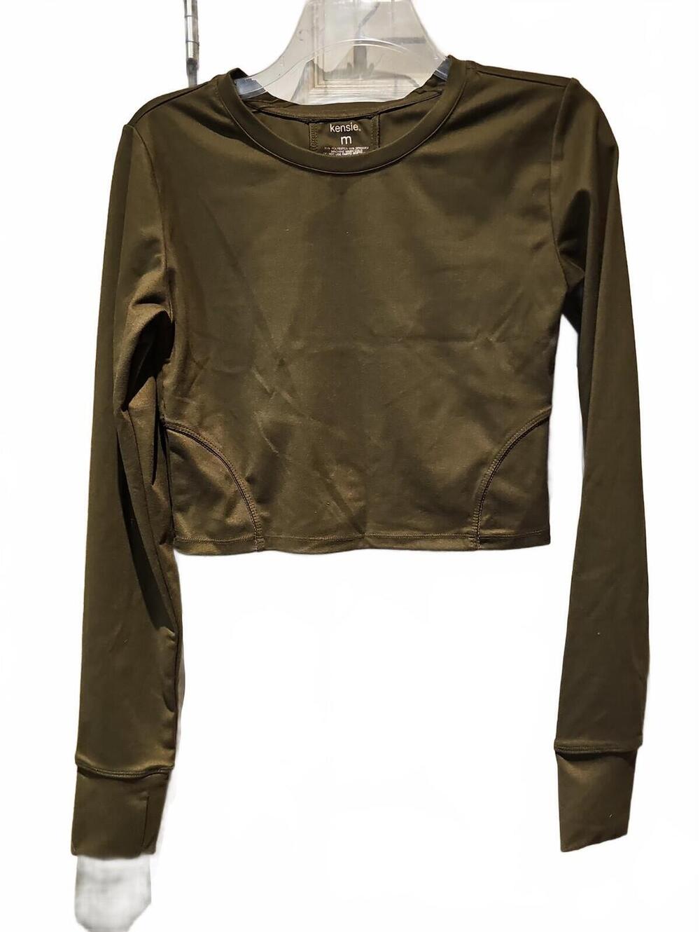 Kensie Women's Active Long Sleeve Crop Top, Thumbholes, Olive Green, Size Medium